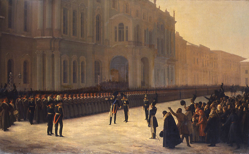 А.Ладюрнер.Приход к Зимнему дворцу 1-го батальона лейб-гвардии Преображенского полка 14 декабря 1825 года.1852 г.