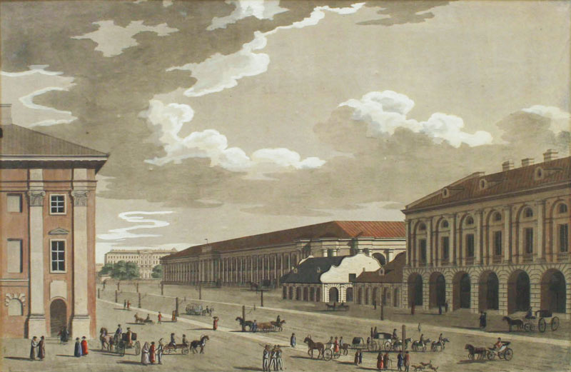 Вид Гостиного Двора на Невском проспекте в Санкт Петербурге. Акватинта 1790 год.