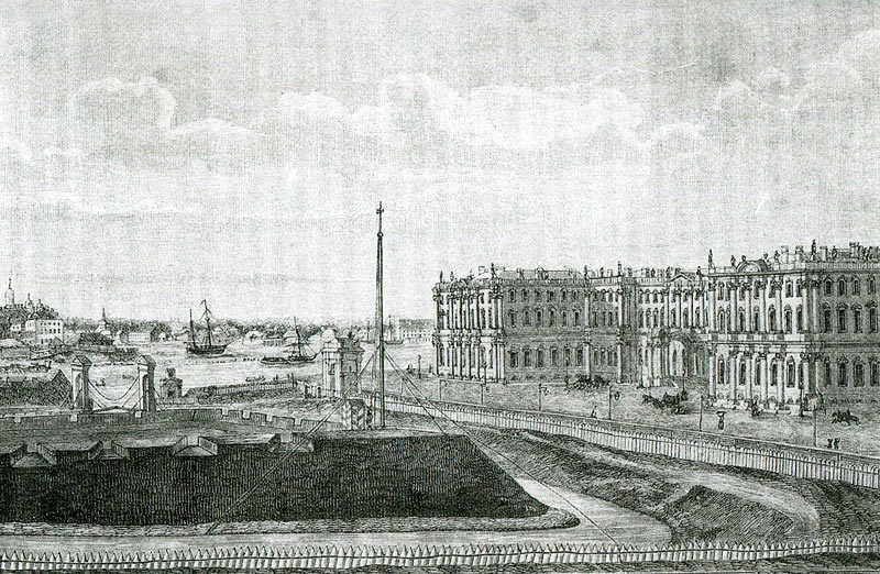 Новый Зимний дворец,отстроенный в конце царствования Елизаветы Петровны.С гравюры XVIII столетия Бенуа.
