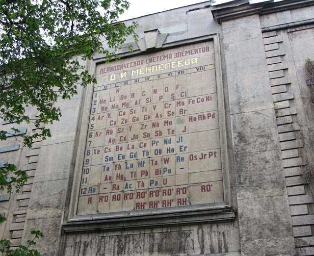 Панно «Периодическая система элементов Д.И. Менделеева» на стене соседнего здания, изготовленное в Академии художеств художником-мозаистом В.А.Фроловым