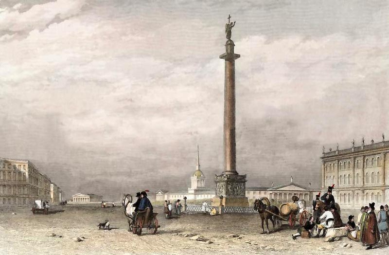 Александровская колонна в Санкт-Петербурге.Гравюра Г. Джордена с оригинала А. Г. Викерса. 1835.