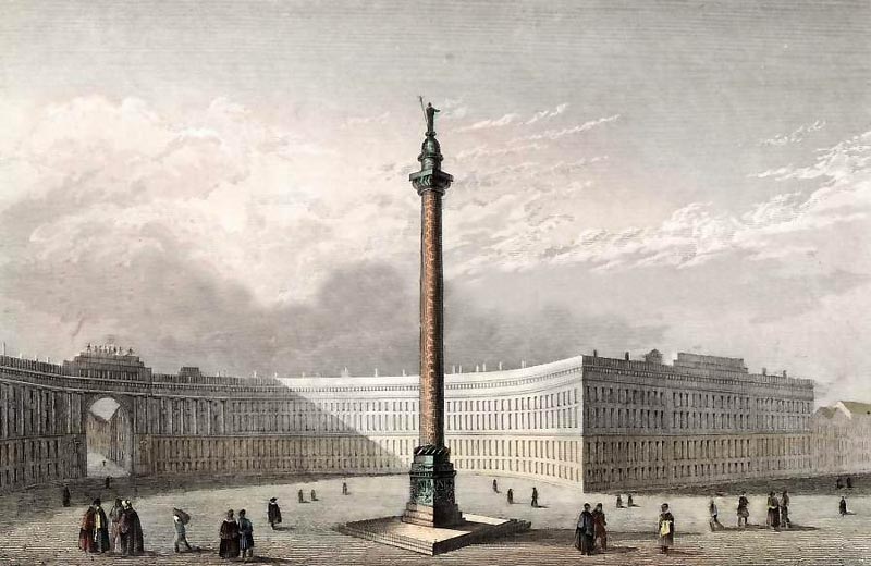 Александровская колонна в Санкт-Петербурге.Гравюра. 1835 г.